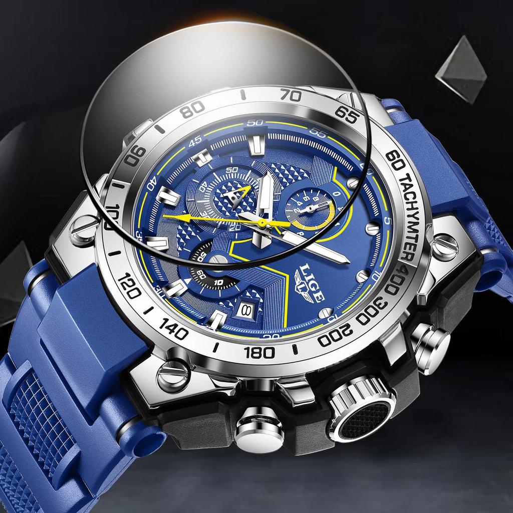 LIGE Men's Watch Multifunction Sub-Dial Silicone Strap Men's Quartz Watches