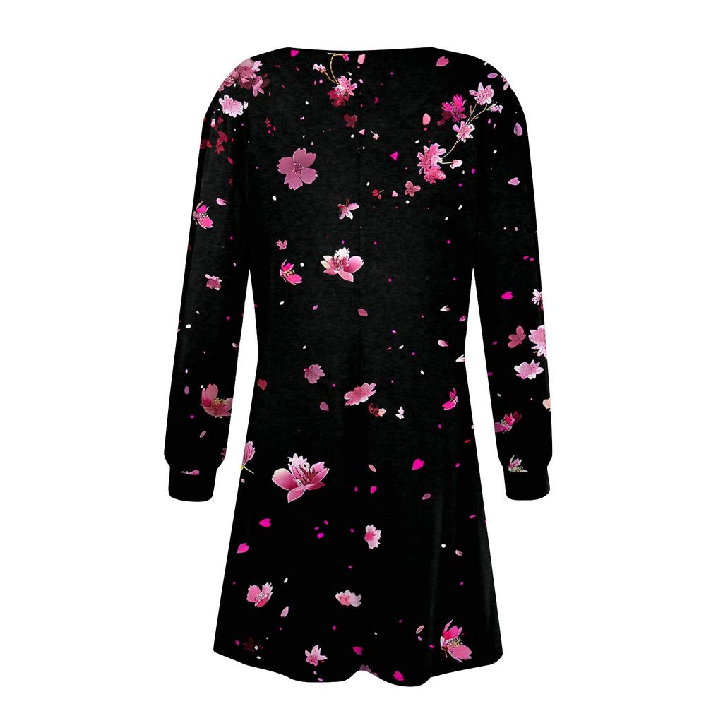 Damen Langarm A-Linien-Kleid Lässiger Pullover Mit Knopf Lockere Passform Kleid Mit Taschen
