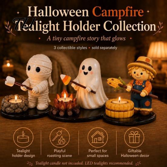Rustic Yard Decoration Halloween Resin Scarecrow/Ghost/Mummy Candle Holder, Decorative Bonfire Tea Light Hand Painted Table Centerpiece Camping Scene