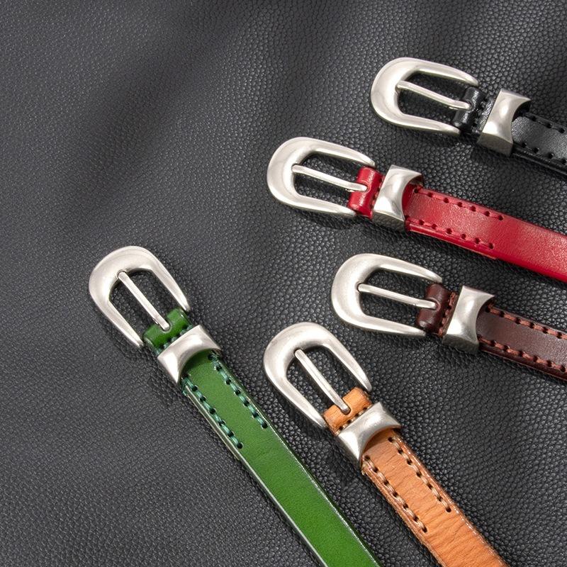 New Retro European and American Style Casual Top Grain Leather Thin Belt - Women's Leather Belt with Alloy Buckle