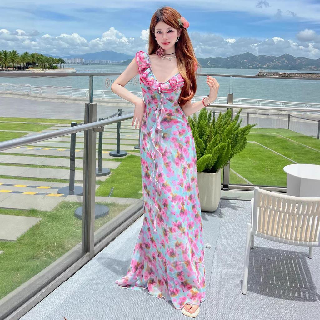 Women's Mint Rose Floral Print V-Neck Backless Fishtail Dress with Slim Waist