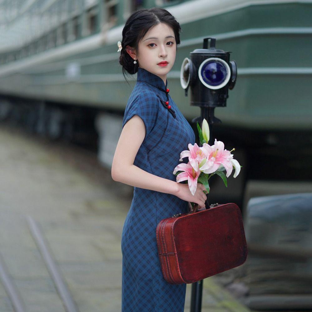 

Платье-футляр Lattice Bodycon с коротким рукавом и рукавом 3/4, воротником-стойкой, китайское винтажное платье-ципао Фотография