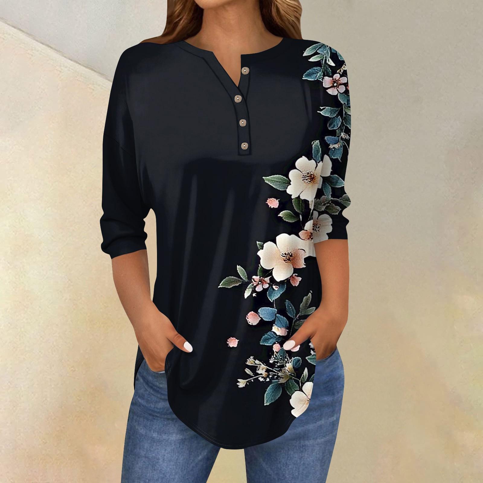 

Женская свободная футболка с воротником на пуговицах и винтажным цветочным принтом, рукав три четверти XXL