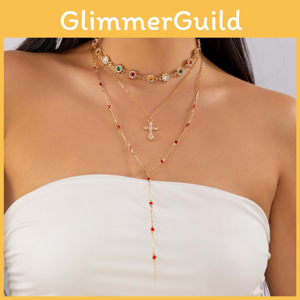 Vintage Luxury Cross Pendant Necklace For Women With Multilayer Chain Gift Idea