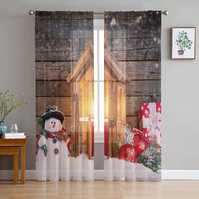 Christmas Gnome Wood Grain Snow Tulle Curtains For Living Room Decoration Modern Chiffon Sheer Voile Christmas Curtains