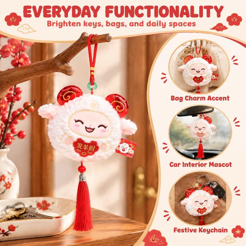 1Pcs Cute Sheep Plush Ornament Chinese New Year Mascot Hanging Pendant With Tassel Soft Stuffed Doll For Spring Festival Decor