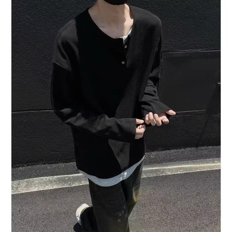 Men's Autumn Korean Style Slim-Fit Henley Long-Sleeve T-Shirt