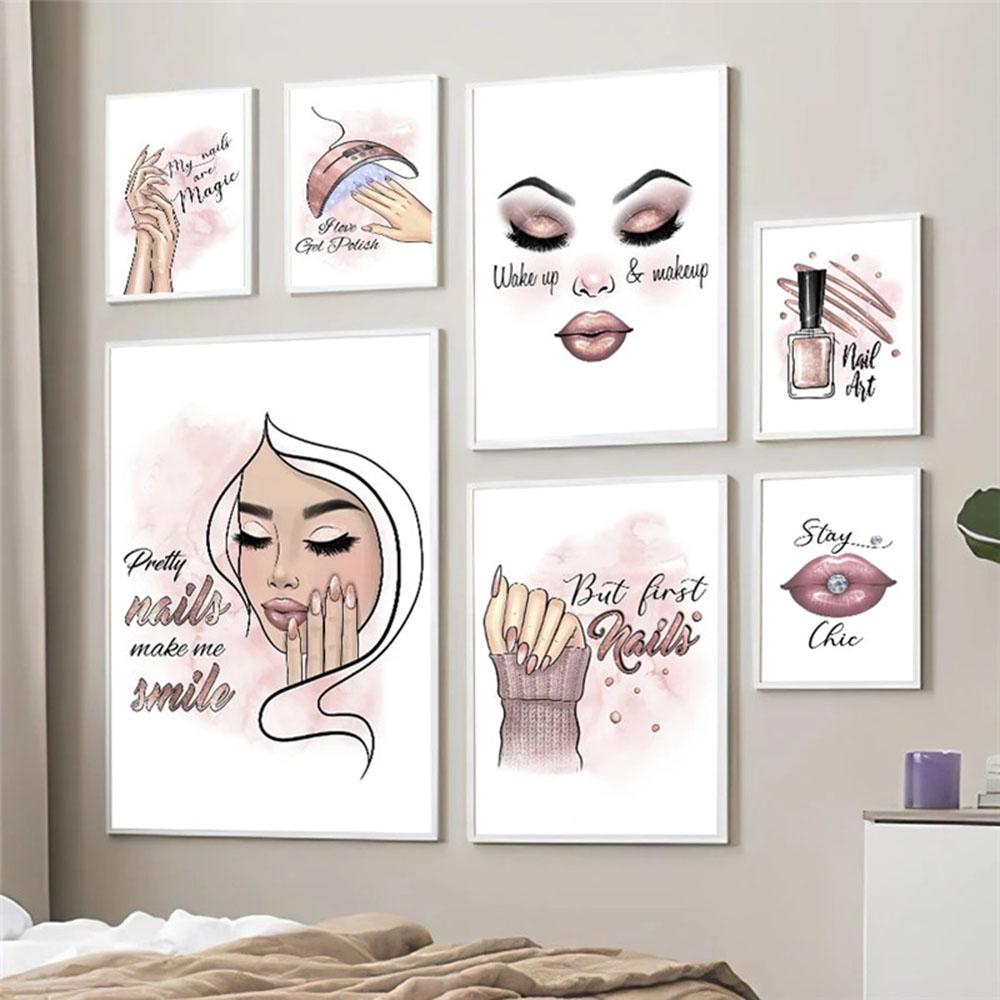 Fashion Women Make Up Wall Art Poster and Prints Nail Rouge Lips Modern Canvas Painting Pink Picture Decoration Office Gift Art