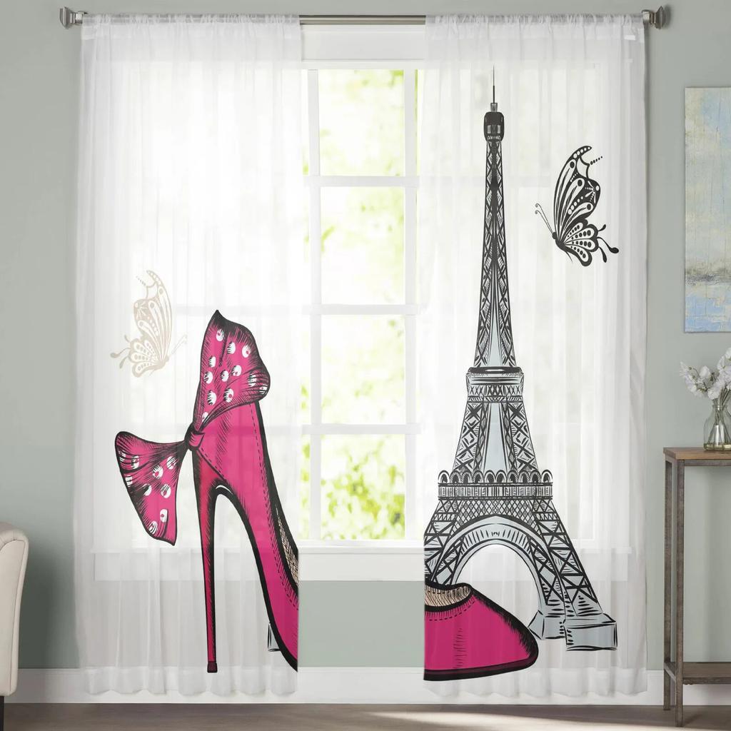 Red High Heels Eiffel Tower Butterfly Tulle Curtains for Bedroom Modern Voile Curtains Home Decoration Window Curtains