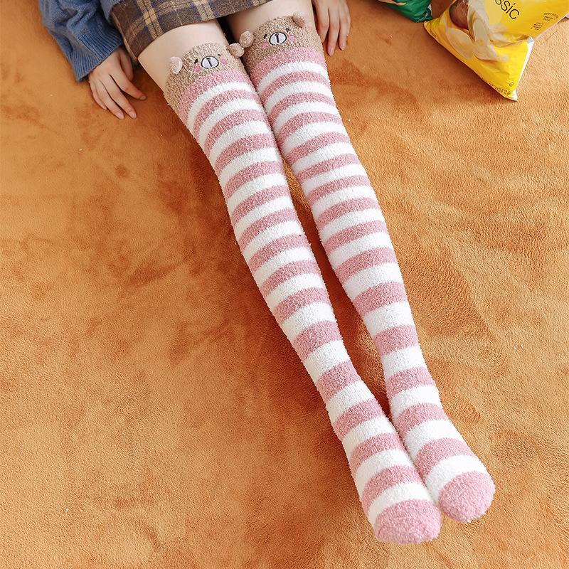 Autumn and Winter Coral Fleece Sleep Socks Thickened and Warm Christmas Gift Cartoon Calf Socks Half-fleece Women's Over-the-knee Socks