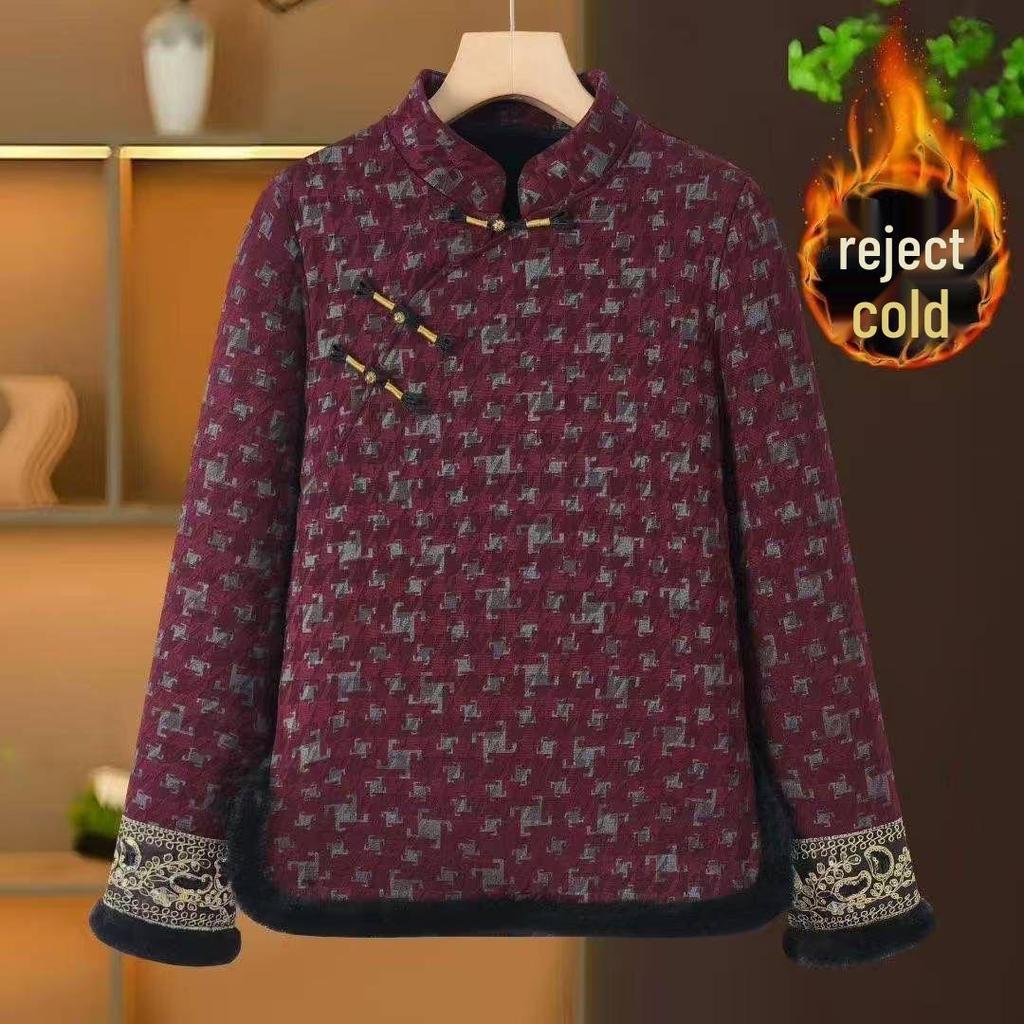 2025 Autumn/Winter Plus Velvet Retro Qipao Collar Slimming T-shirt for Mom