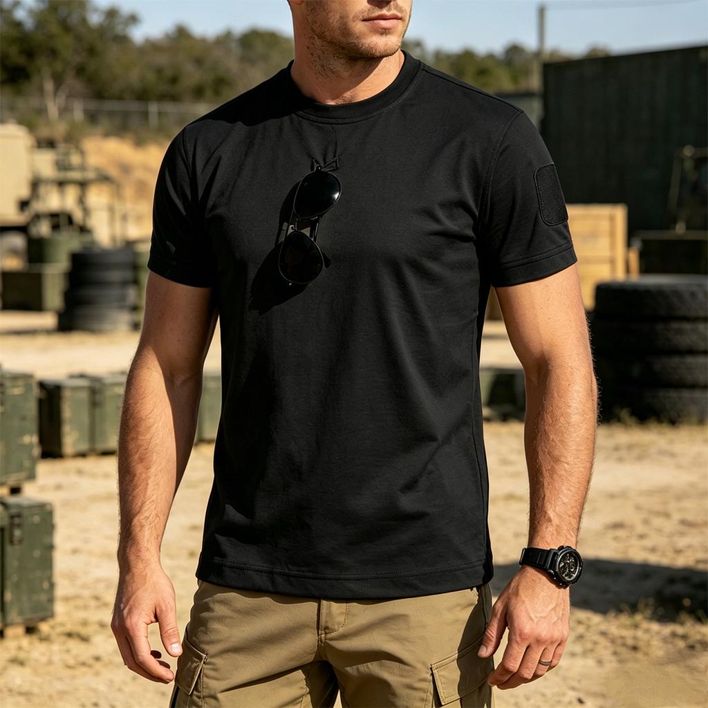 Men's Tactical Outdoor Quick-Dry T-Shirt Crew Neck Loose Fit Breathable Short Sleeve with Hook and Loop Patch Area for Customization
