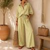 Women Striped Collar Button Down Shirt Three Quarter Sleeve Top Elastic Waist Casual Pants Two Piece Set Loose Fit Lightweight Fabric
