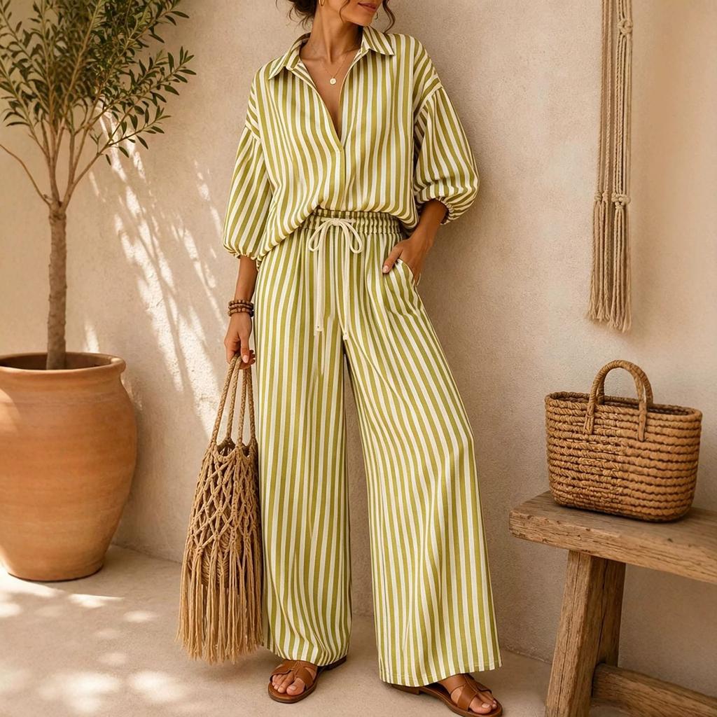 Women Striped Collar Button Down Shirt Three Quarter Sleeve Top Elastic Waist Casual Pants Two Piece Set Loose Fit Lightweight Fabric