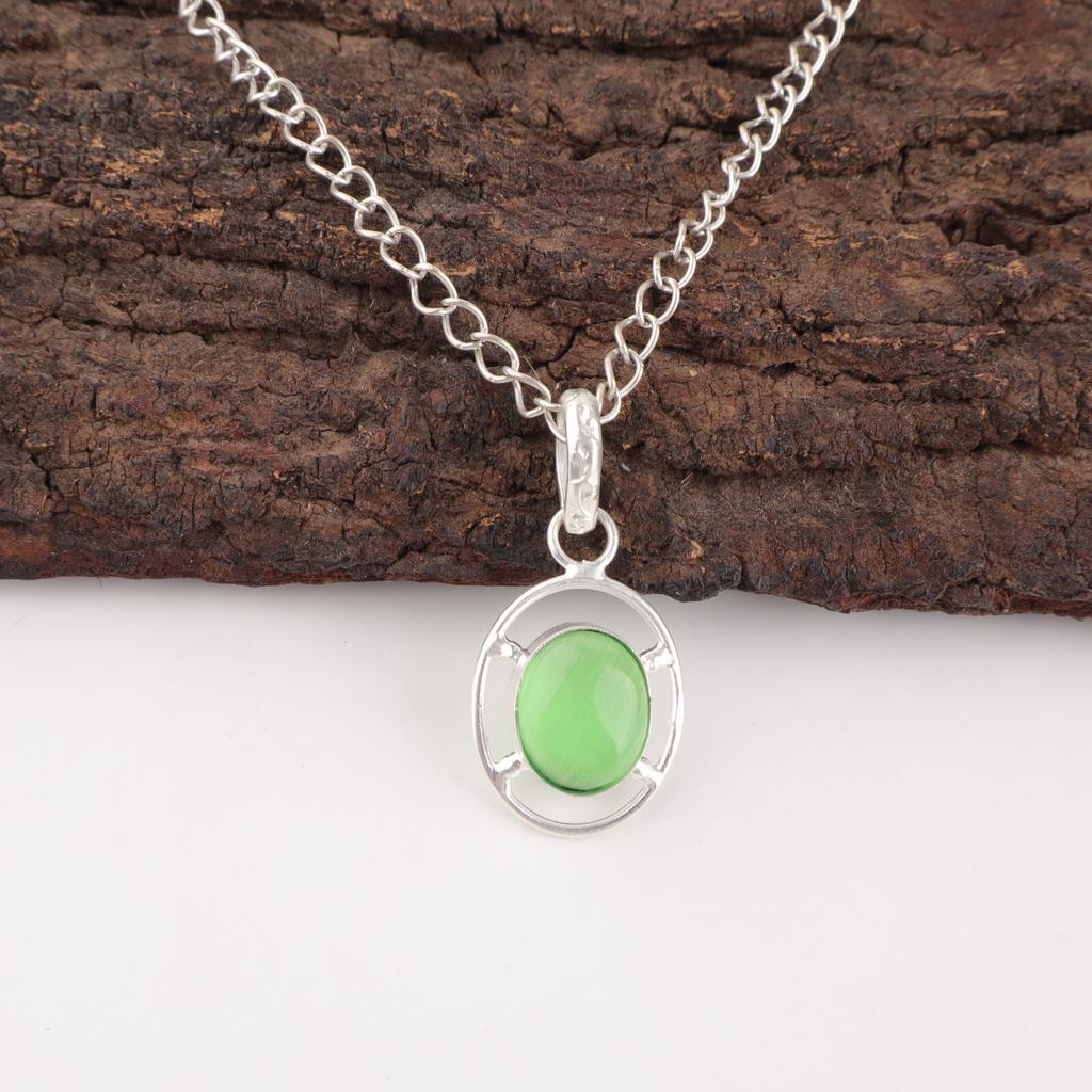 Green Cat'S Eye Gemstone 925 Sterling Silver Artisan Wedding Sisters Day Pendant PP-6-41
