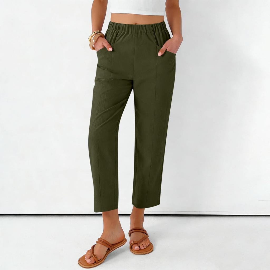 Women's Fashionable Loose-Fit Pocket Cotton-Linen Blend High-Waisted Wide-Leg Pants Casual Cropped Trousers