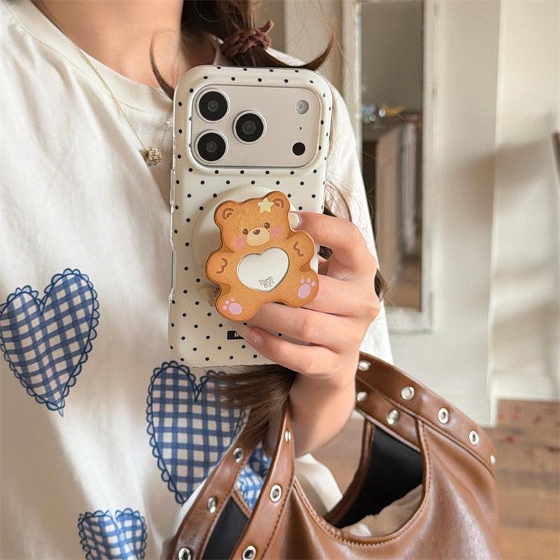 Magnetic Mirror iPhone Case with Korean Style Polka Dot Bear Heart Design (Compatible with iPhone 17, 16 Pro Max, 15, 14)
