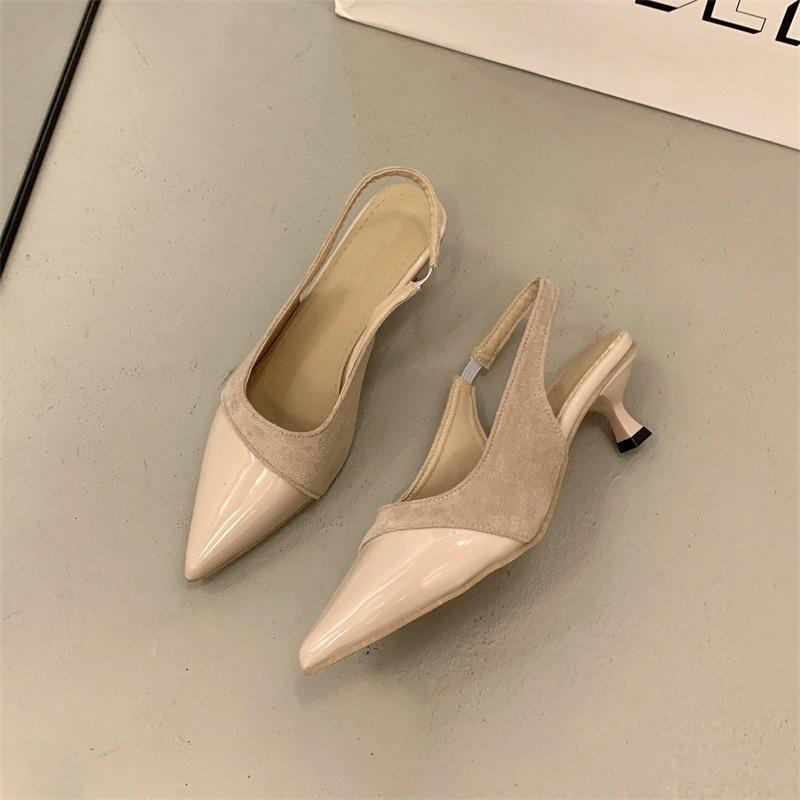 Vakre stiletthæler med spiss tå, sandaler med veskehode, damesommerskjørt, enkle sko, nye sko