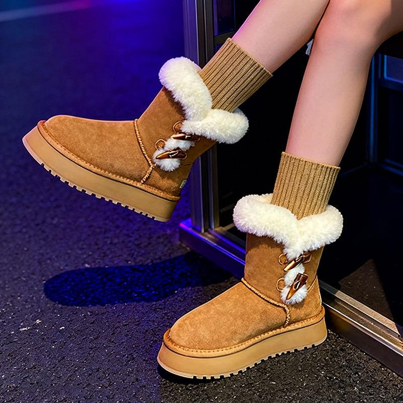 Women's Large Size Mid Calf Soft Sole Winter Warm Fur One Snow Boots Padded Lined Ankle Boots Anti-slip Hiking Sports Cotton Boots