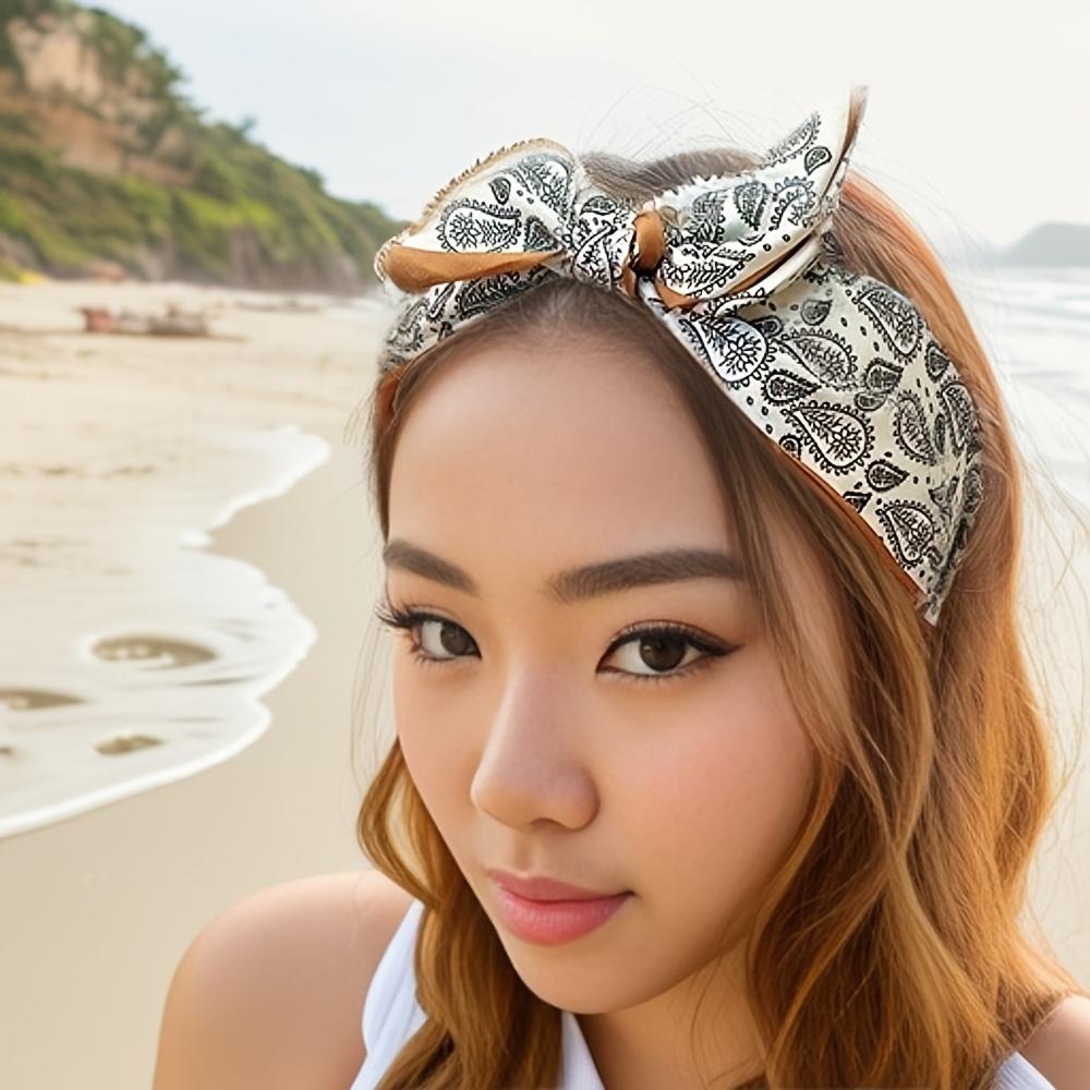 Retro Bohemian Bandanna Bow Rabbit Ear Headband for Women Floral Paisley Wide Hoop Turban Hair Band Hair Styling Accessories