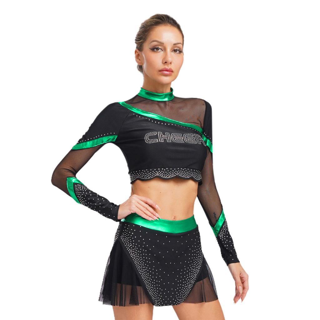 Dámská cheerleadingová kostýmová sada Crop top s dlouhým rukávem Sukně Kamínky Taneční oblečení Vystoupení