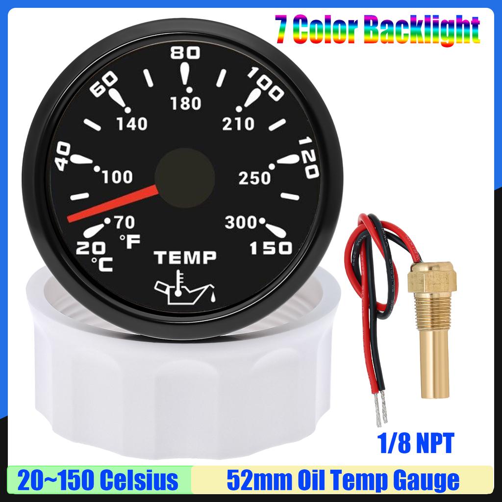 20~150℃ 7 Color Light 52mm Oil Temperature Gauge with Sensor 1/8NPT M14X1.5 Oil Temp Meter for Car Marine Boat 12V 24V Custom