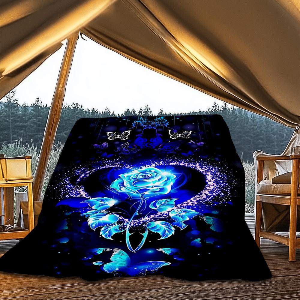 1pc Blue Rose Butterfly Print Outdoor Flannel Blanket Soft All Season Polyester Throw , Perfect for Picnics & Travel , Picnic Accessory