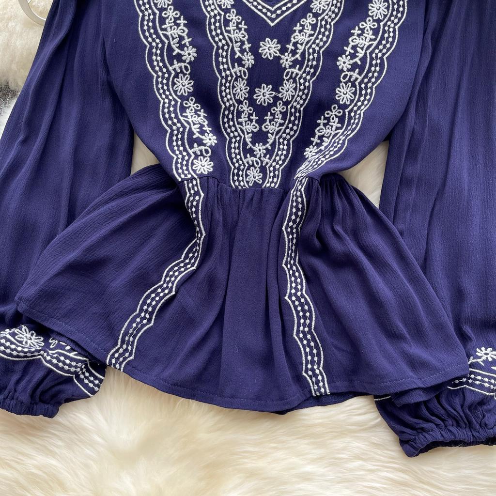 Floral Embroidery Spring Loose Blouse Elegant Bohemian Design Long Sleeve Ladies Fashion  Summer Casual Shirt