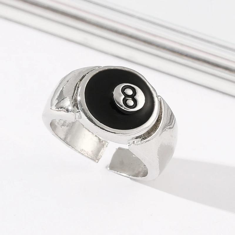 Punk Style Billiard Number Black 8 Opening Adjustable Rings Metal Alloy Rings Fashion Hip Hop Rock Jewelry For Women And Men