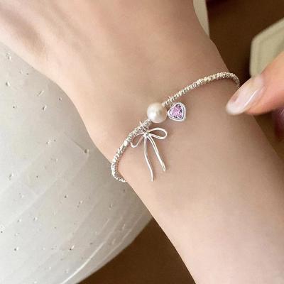 Love Bow Bracelet 925 Sterling Silver Butterfly Pearl Pink Zircon Bracelet For Women Love Butterfly Bracelet Party Holiday Gifts
