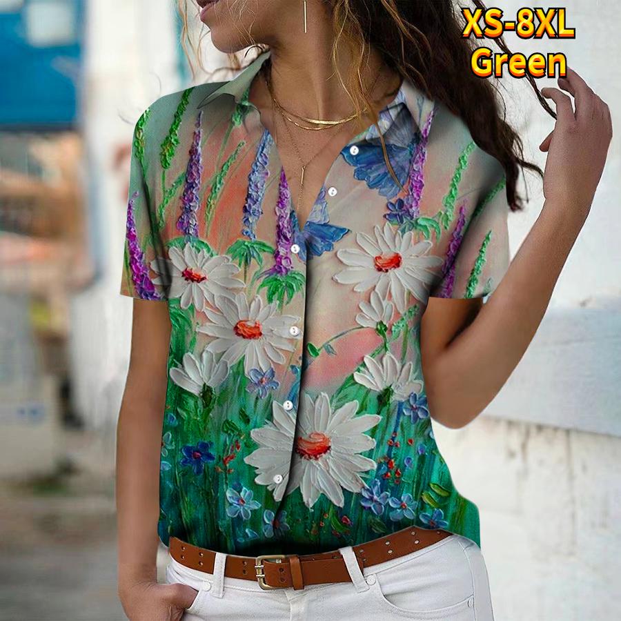 

Лето 2025 Новая Мода Женская Блузка с Коротким Рукавом и V-образным Вырезом на Пуговицах с Цветочным Принтом 3XL зелёный