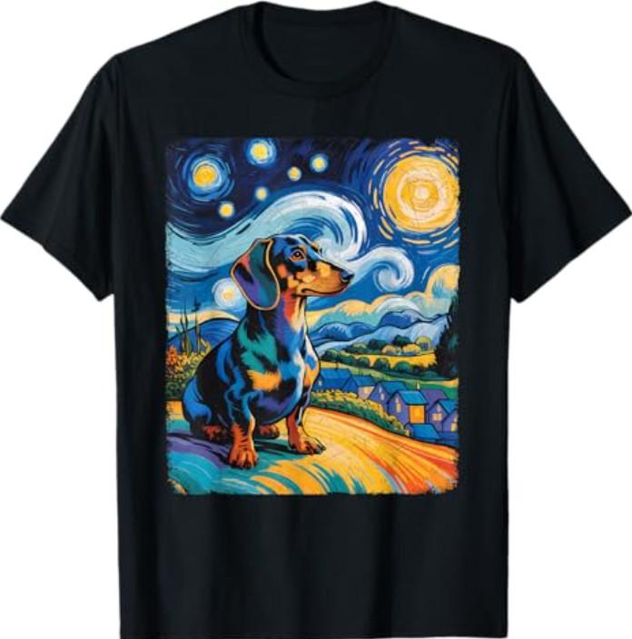 Dachshund Starry Sky Van Gogh Style Sky Art Wiener Dog T-Shirt XXL
