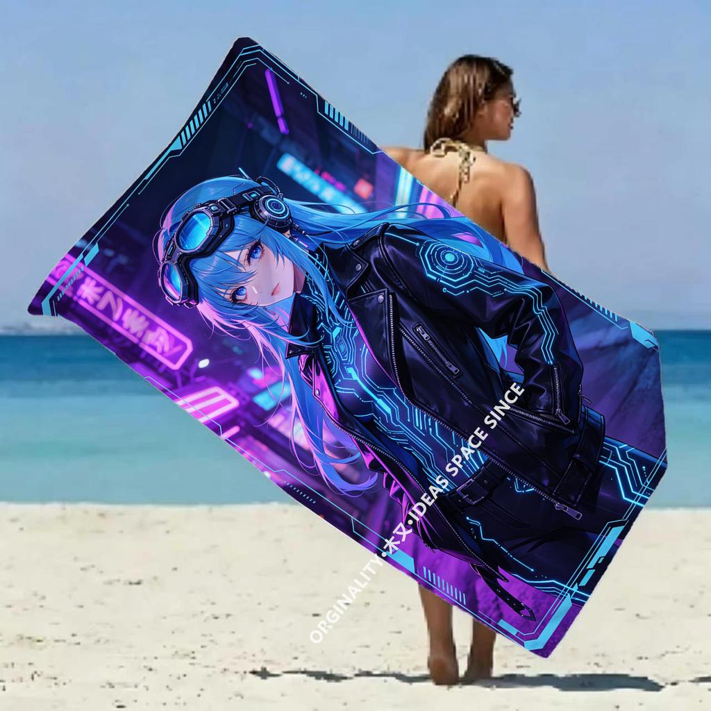 Cyberpunk Anime Girl Moto Beach Towel Patterned Sunscreen And Windproof Suitable For Swimming Pool Camping Travel