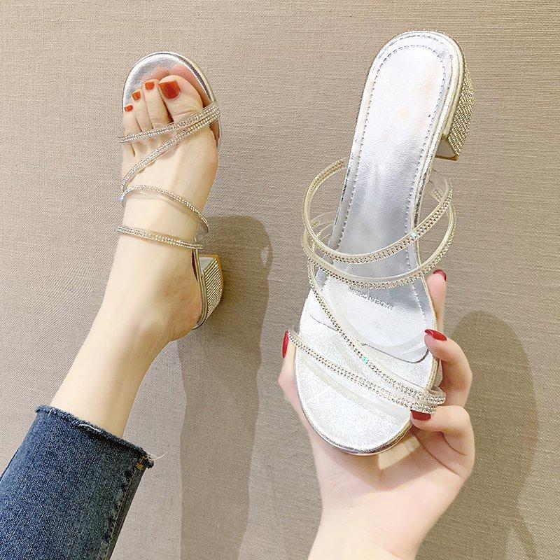 

High heels women s summer 2024 new round head rhinestone open-toed thin strap thick heel fashion versatile outer slippers women 40