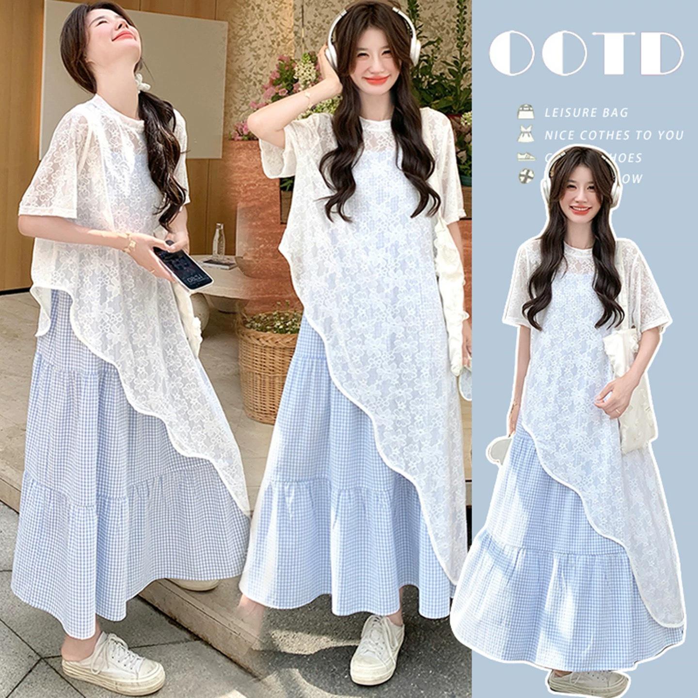 2026 Summer Lace Cardigan & Blue Plaid Camisole Dress Maternity Set M