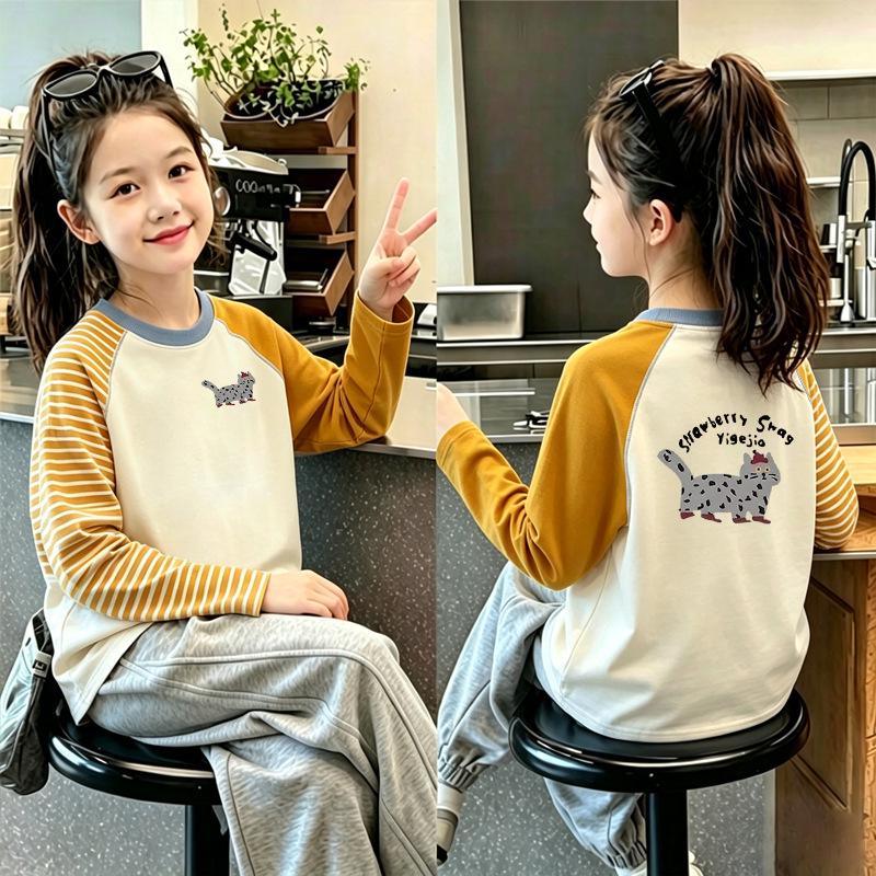 Girls' Cotton Long Sleeve Cartoon Color Block T-shirt