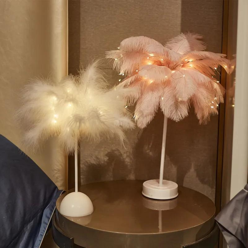 Ostrich Feather Bedside Lamp – Warm Decorative Light for Bedroom or Wedding Room