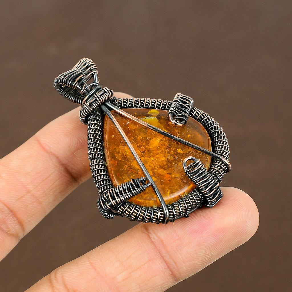Natural Baltic Amber Gemstone Handmade Copper Wire Wrap Pendant 2.17" n4f41