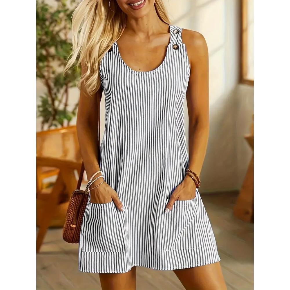 

Круглий виріз Кишеня Смугастий Плечовий ремінь Кнопка Повсякденний Цілісний Короткий спідниця XL чорний