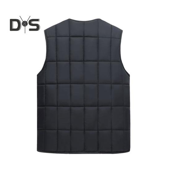 Colete masculino com decote em V, sem mangas, abotoado, colete acolchoado com bolsos com zíper, cor sólida, forro de pelúcia, jaqueta térmica espessada