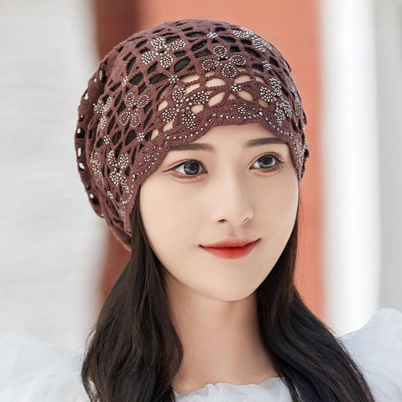 Women's Spring Summer Single Layer Thin Hollow Flower Rhinestone Headscarf Hat Breathable Lace Crochet Cap for Covering White Hair Slouchy Hat