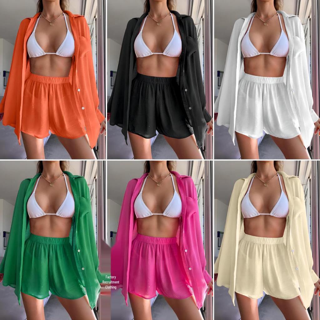 2023 Women's Sexy Loose Beach Cover-up Set - Casual Short Sleeve Sun Protection for Bikini