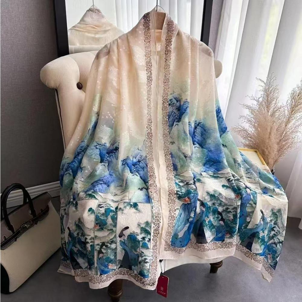 180 * 90 High-End Single-Sided Cut Dill Long Shawl Retro Chinese Style Ancient Charm Elegant Silk Scarf Dunhuang