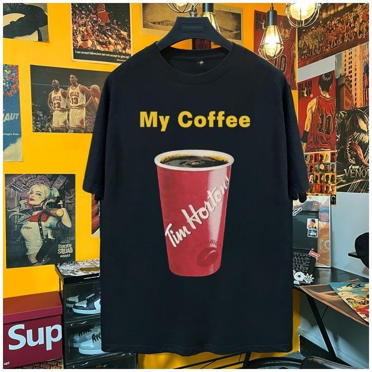 Amerikanischer Kaffee Kurzarm-T-Shirt, Eine Reine Baumwolle Bedruckt Locker Retro Trendy Marke, Unisex Ins Stil Halbarmhemd