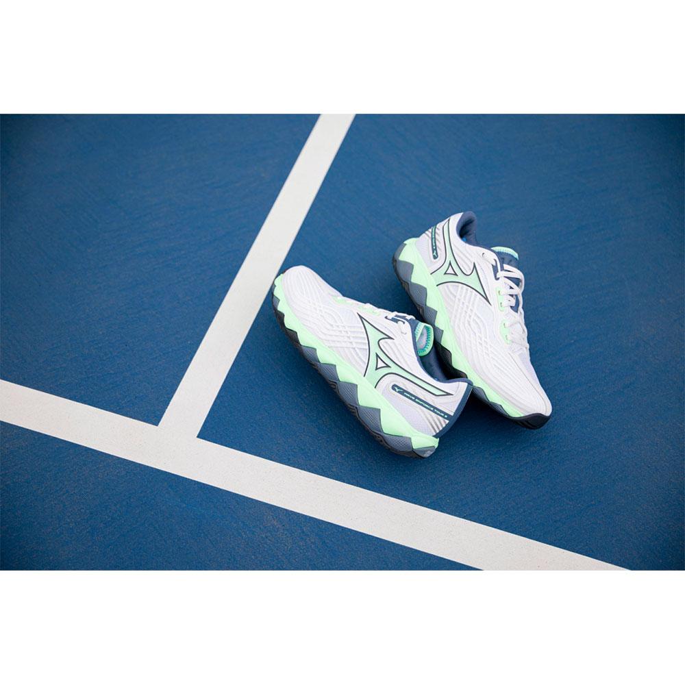 Tennis Shoes Mizuno White/Neo Mint/Vintage Indigo Size 41 Wave Enforce Tour 2 Ac