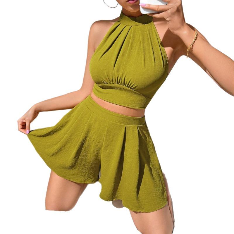 Women 2 Piece Halter Neck Crop Top And Skirt Set Casual Summer Outfit
