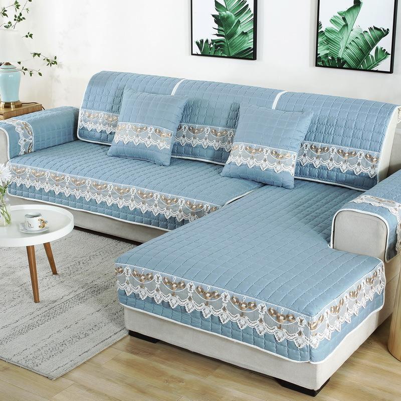 Solid Color Fabric Art Sofa Mat Light Luxury Lace Edge Anti Slip Sofa Cover European Style L-shaped Corner Dustproof Sofa Cover