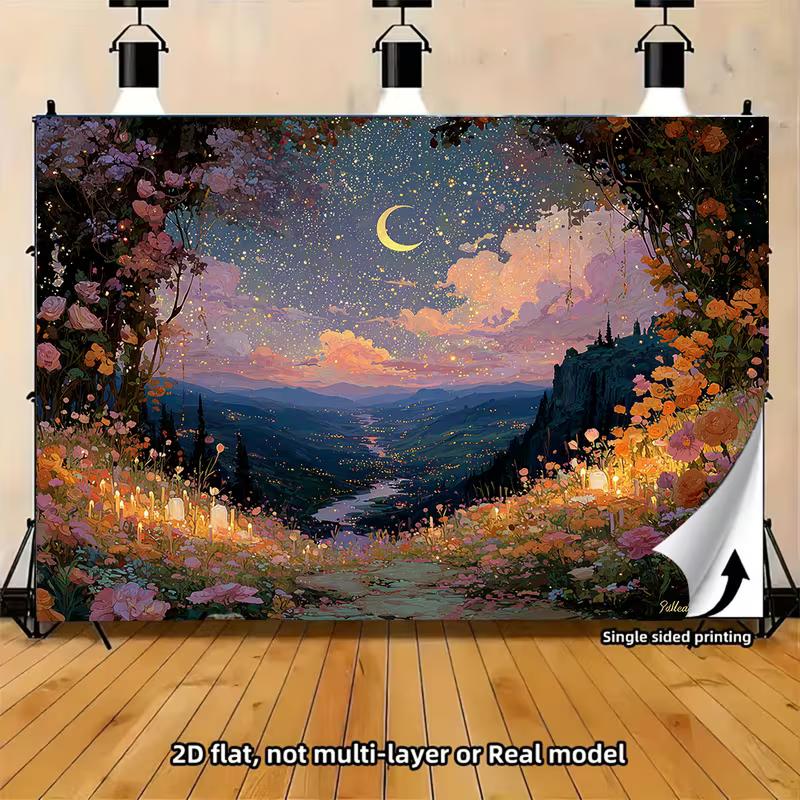 2D Enchanted Floral Night Backdrop, Dreamy Starry Valley & Moonlight Wall Art