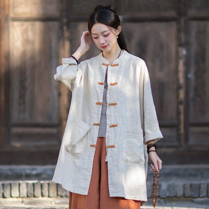 Johnature Women Shirts Vintage Tops Spring Chinese Style Button Solid Color Pockets Stand Long Shirts