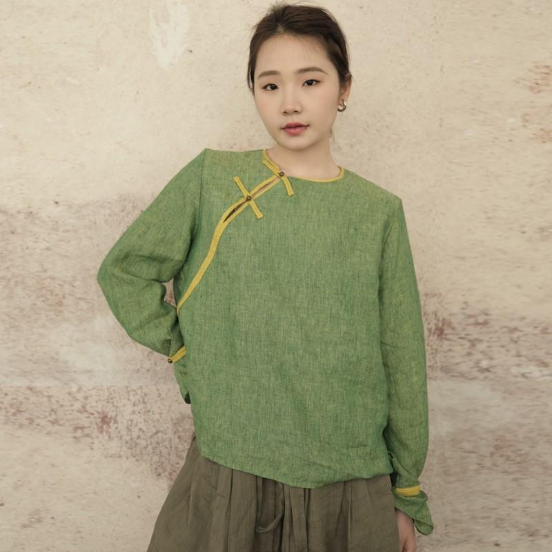 

Johnature женские льняные рубашки в китайском стиле, топы, блузки на пуговицах с длинными рукавами, весенние винтажные женские рубашки One Size зелёный